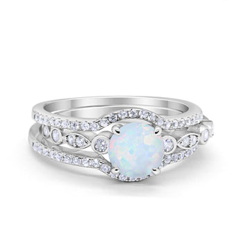 Trio Set Three Piece Wedding Ring Round Lab White Opal 925 Sterling Silver